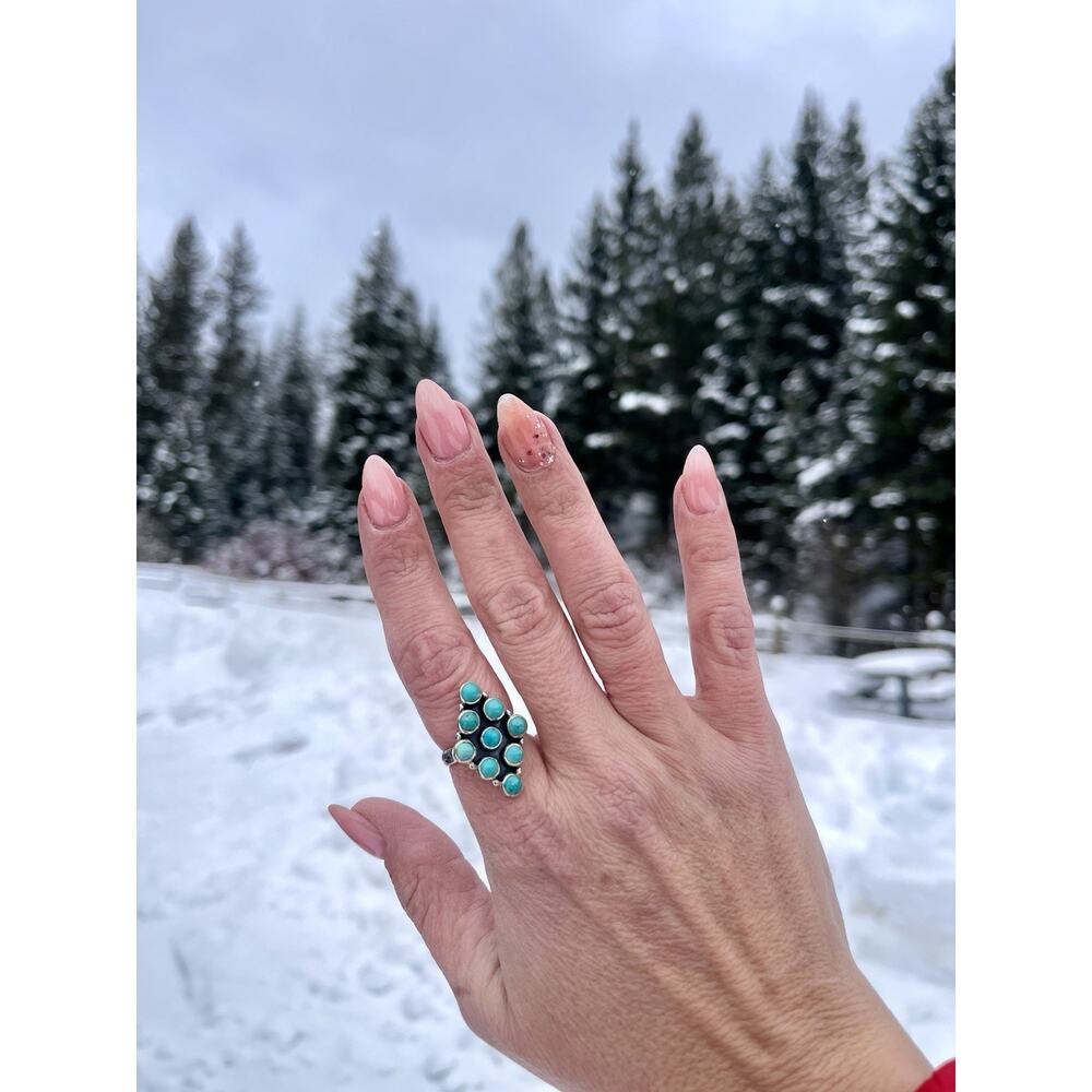 Native Style Turquoise Cluster Ring Sterling Silv… - image 8